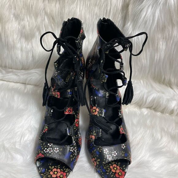 Nine West black multi color floral prints lace up sandals black tassels SZ12 - Picture 3 of 13